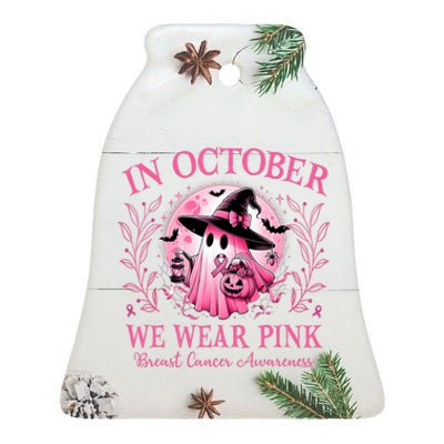 October We Wear P.I.N.K Breast Cancer Awareness Halloween Ghost Ceramic Bell Ornament