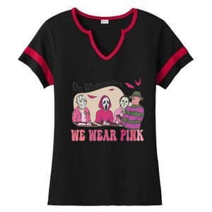 On Wednesday We Wear Pink Skeleton Halloween Breast Cancer Ladies Halftime Notch Neck Tee