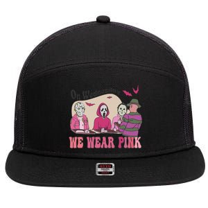 On Wednesday We Wear Pink Skeleton Halloween Breast Cancer 7 Panel Mesh Trucker Snapback Hat