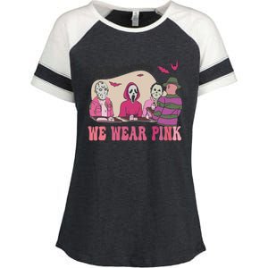 On Wednesday We Wear Pink Skeleton Halloween Breast Cancer Enza Ladies Jersey Colorblock Tee