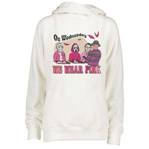 On Wednesday We Wear Pink Skeleton Halloween Breast Cancer Womens Funnel Neck Pullover Hood