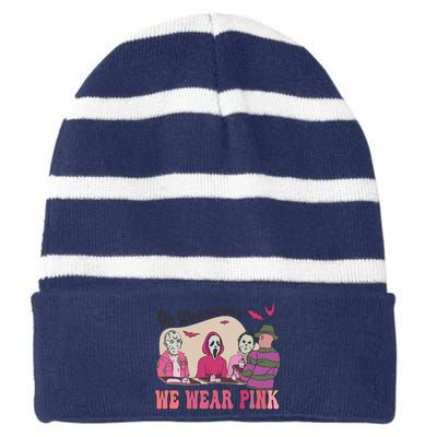 On Wednesday We Wear Pink Skeleton Halloween Breast Cancer Striped Beanie with Solid Band