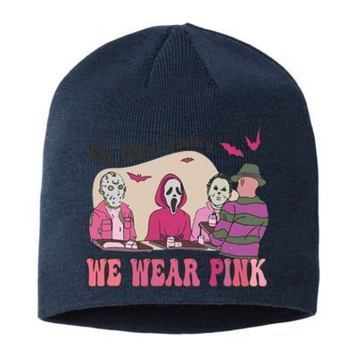 On Wednesday We Wear Pink Skeleton Halloween Breast Cancer Sustainable Beanie