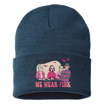 On Wednesday We Wear Pink Skeleton Halloween Breast Cancer Sustainable Knit Beanie