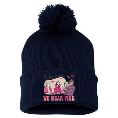 On Wednesday We Wear Pink Skeleton Halloween Breast Cancer Pom Pom 12in Knit Beanie