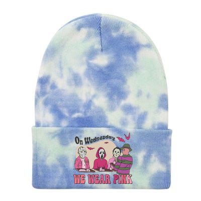 On Wednesday We Wear Pink Skeleton Halloween Breast Cancer Tie Dye 12in Knit Beanie