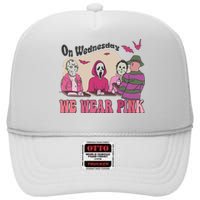 On Wednesday We Wear Pink Skeleton Halloween Breast Cancer High Crown Mesh Back Trucker Hat