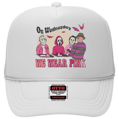 On Wednesday We Wear Pink Skeleton Halloween Breast Cancer High Crown Mesh Back Trucker Hat