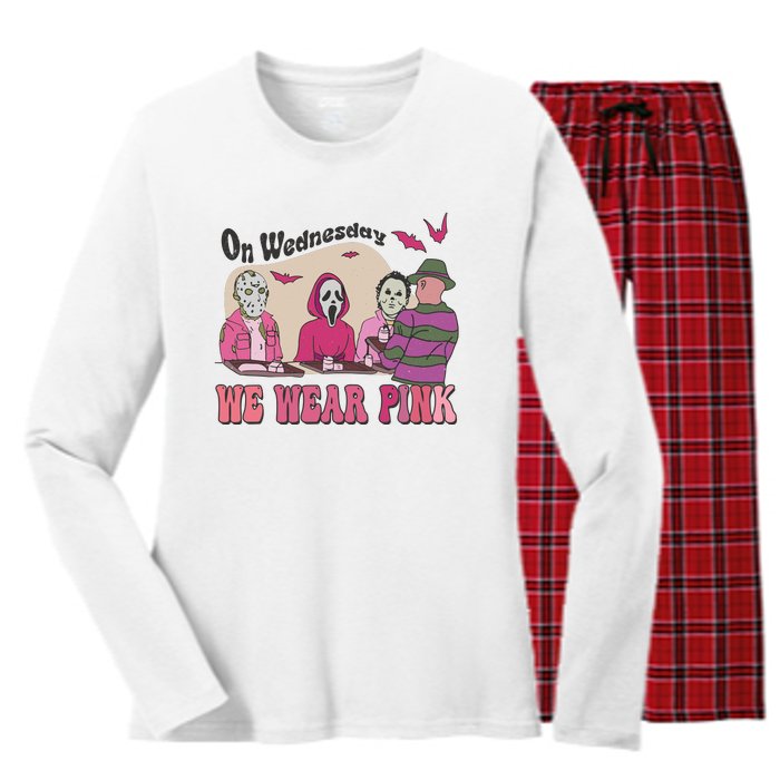 On Wednesday We Wear Pink Skeleton Halloween Breast Cancer Women's Long Sleeve Flannel Pajama Set 