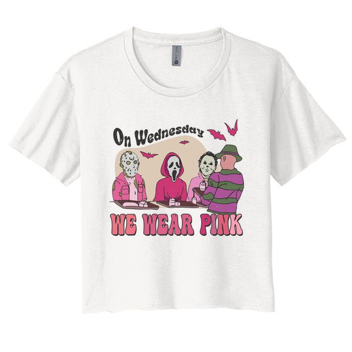 On Wednesday We Wear Pink Skeleton Halloween Breast Cancer Women's Crop Top Tee