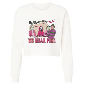 On Wednesday We Wear Pink Skeleton Halloween Breast Cancer Cropped Pullover Crew