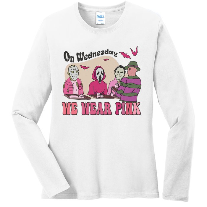 On Wednesday We Wear Pink Skeleton Halloween Breast Cancer Ladies Long Sleeve Shirt