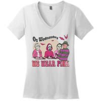 On Wednesday We Wear Pink Skeleton Halloween Breast Cancer Women's V-Neck T-Shirt