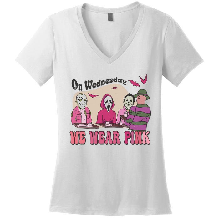 On Wednesday We Wear Pink Skeleton Halloween Breast Cancer Women's V-Neck T-Shirt