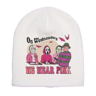 On Wednesday We Wear Pink Skeleton Halloween Breast Cancer Short Acrylic Beanie