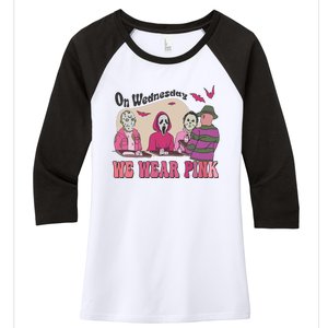 On Wednesday We Wear Pink Skeleton Halloween Breast Cancer Women's Tri-Blend 3/4-Sleeve Raglan Shirt