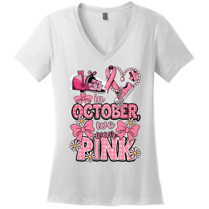 October We Wear Breast Cancer Awareness Postal Worker Women's V-Neck T-Shirt