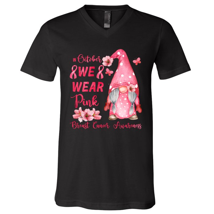 October We Wear Pink Gnome Breast Cancer Awareness V-Neck T-Shirt