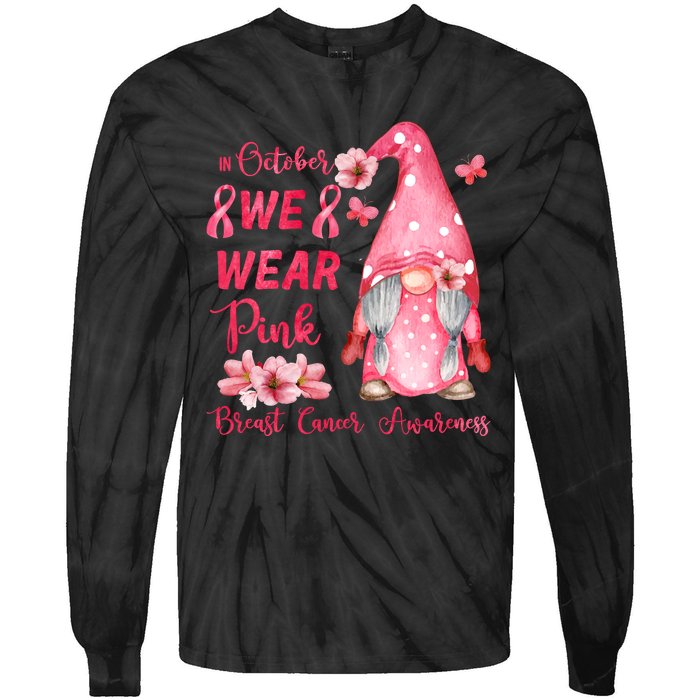 October We Wear Pink Gnome Breast Cancer Awareness Tie-Dye Long Sleeve Shirt