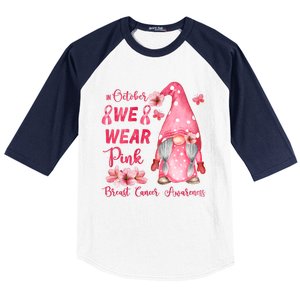 October We Wear Pink Gnome Breast Cancer Awareness Baseball Sleeve Shirt