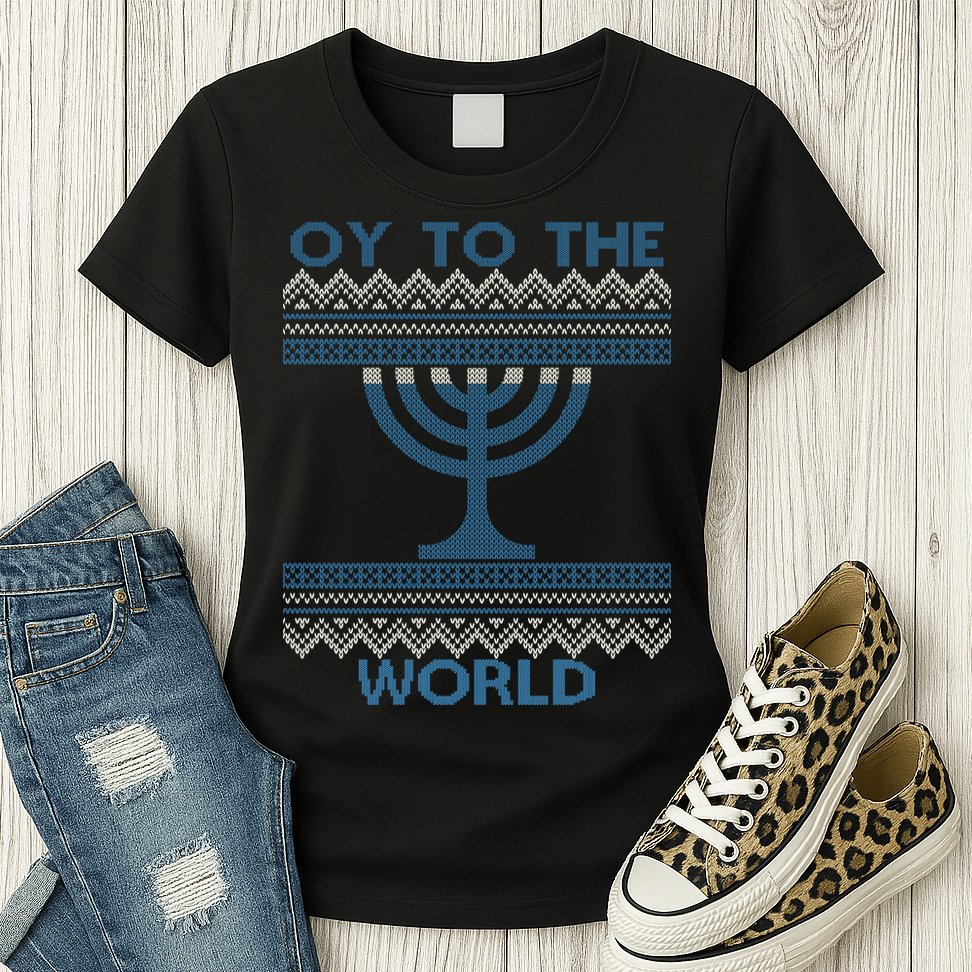 Oy To The  World Hanuka Ugly Sweater  Womens T-Shirt