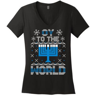 Oy To The World Ugly Hanukkah Sweater Women's V-Neck T-Shirt