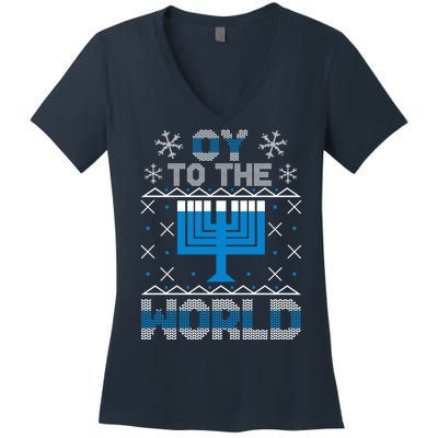 Oy To The World Ugly Hanukkah Sweater Women's V-Neck T-Shirt