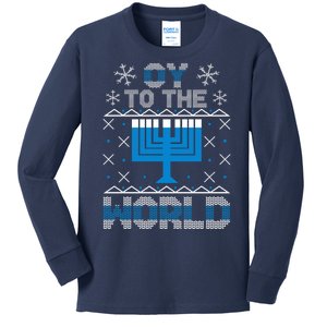 Oy To The World Ugly Hanukkah Sweater Kids Long Sleeve Shirt