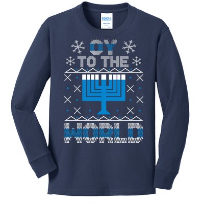 Oy To The World Ugly Hanukkah Sweater Kids Long Sleeve Shirt