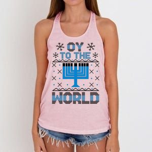 Oy To The World Ugly Hanukkah Sweater Women's Knotted Racerback Tank