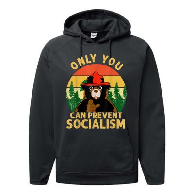 Only You Can Prevent Socialism Bear Camping Vintage Anti Performance Fleece Hoodie