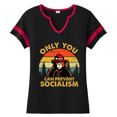 Only You Can Prevent Socialism Bear Wearing Hat Maga Smokey Ladies Halftime Notch Neck Tee