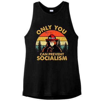 Only You Can Prevent Socialism Bear Wearing Hat Maga Smokey Ladies PosiCharge Tri-Blend Wicking Tank