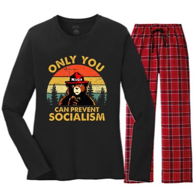 Only You Can Prevent Socialism Bear Wearing Hat Maga Smokey Women's Long Sleeve Flannel Pajama Set 