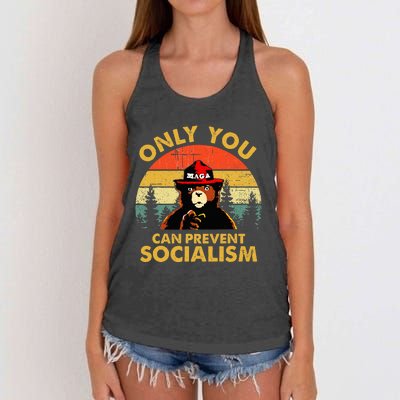 Only You Can Prevent Socialism Bear Wearing Hat Maga Smokey Women's Knotted Racerback Tank