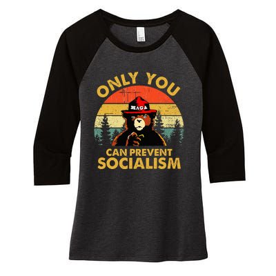 Only You Can Prevent Socialism Bear Wearing Hat Maga Smokey Women's Tri-Blend 3/4-Sleeve Raglan Shirt