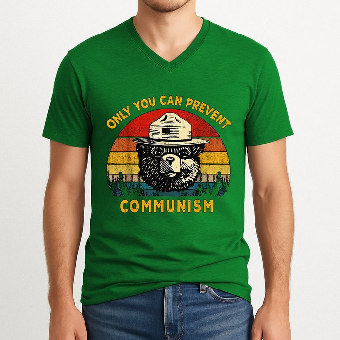 Only You Can Prevent Communism Camping Bear V-Neck T-Shirt