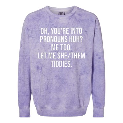 Oh You're Into Pronouns Huh Me Too Let Me SheThem Tiddies Colorblast Crewneck Sweatshirt