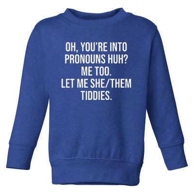 Oh You're Into Pronouns Huh Me Too Let Me SheThem Tiddies Toddler Sweatshirt