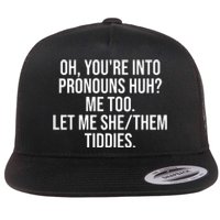 Oh Youre Into Pronouns Huh Me Too Let Me She Them Tiddies Funny Flat Bill Trucker Hat