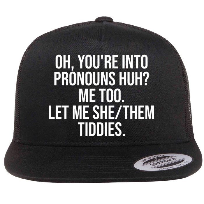 Oh Youre Into Pronouns Huh Me Too Let Me She Them Tiddies Funny Flat Bill Trucker Hat