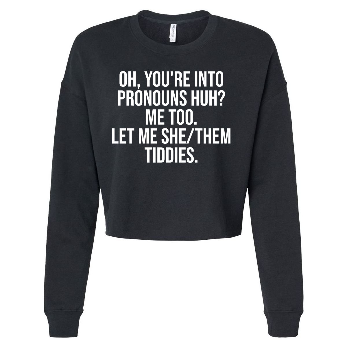 Oh Youre Into Pronouns Huh Me Too Let Me She Them Tiddies Funny Cropped Pullover Crew