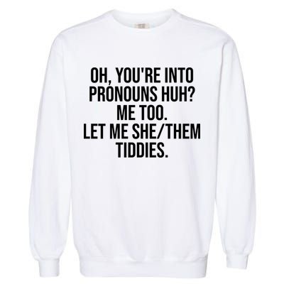 Oh Youre Into Pronouns Huh Me Too Let Me She Them Tiddies Funny Garment-Dyed Sweatshirt