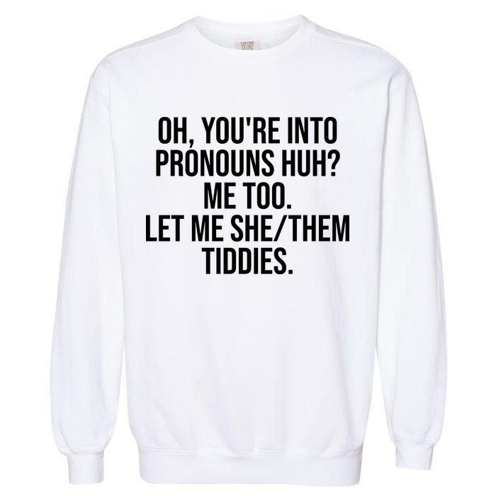 Oh Youre Into Pronouns Huh Me Too Let Me She Them Tiddies Funny Garment-Dyed Sweatshirt