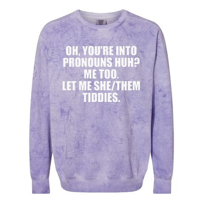 Oh YouRe Into Pronouns Huh Me Too Let Me Shethem Tiddies Colorblast Crewneck Sweatshirt