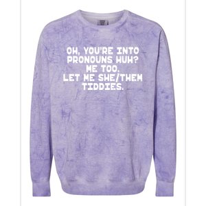 Oh You're Into Pronouns Huh? Me Too, Let Me She/Them Tiddies Colorblast Crewneck Sweatshirt