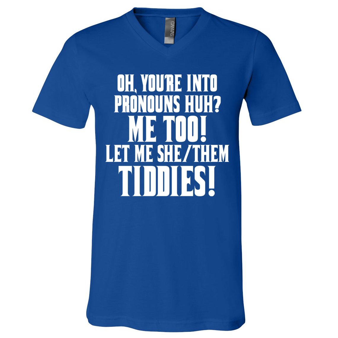 Oh Youre Into Pronouns Huh? Me Too Let Me She/Them Tiddies V-Neck T-Shirt