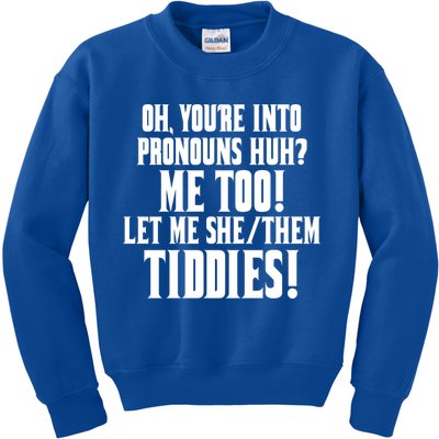 Oh Youre Into Pronouns Huh? Me Too Let Me She/Them Tiddies Kids Sweatshirt
