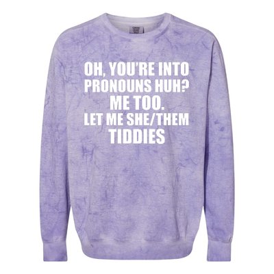 Oh You’Re Into Pronouns Huh Me Too Let Me She Them Tiddies Colorblast Crewneck Sweatshirt