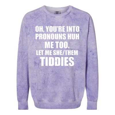 Oh You're Into Pronouns Huh? Me Too, Let Me She/Them Tiddies Colorblast Crewneck Sweatshirt